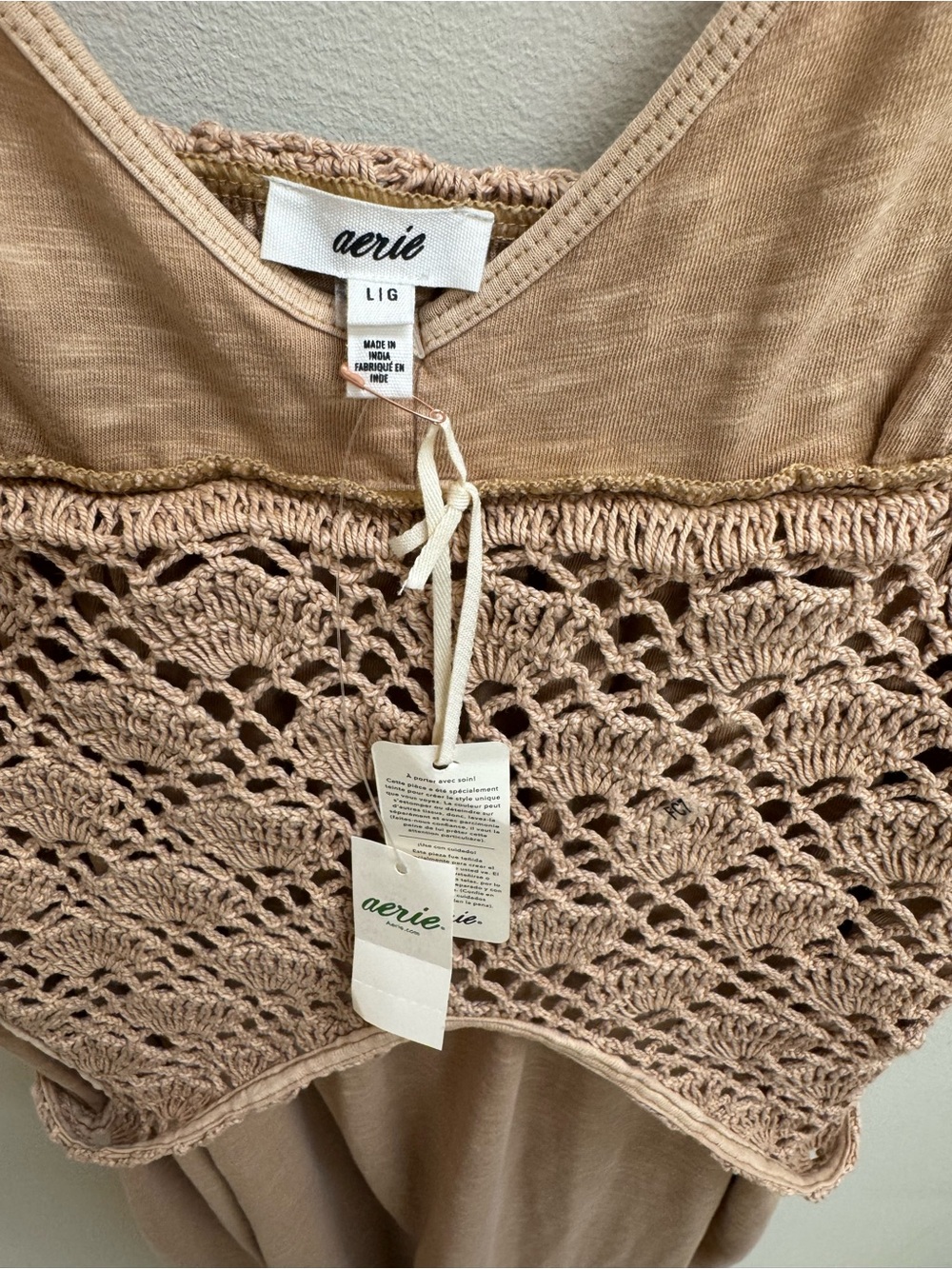 Aerie Crochet Knit Maxi Dress in Tan Brown NWT Size Large Cotton Boho Festival - Picture 8 of 13